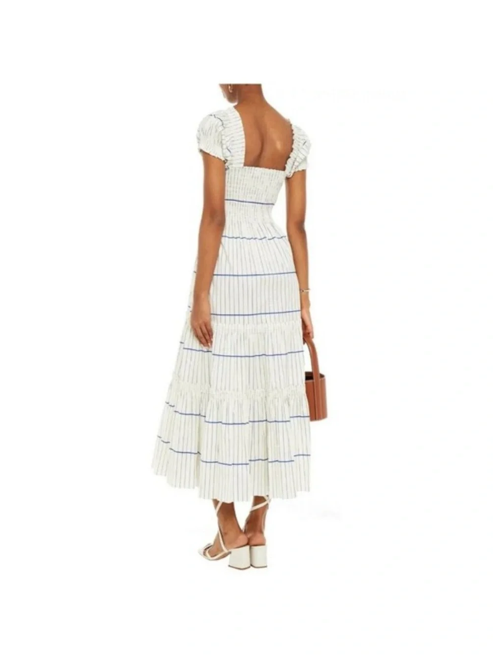 TORY BURCH SMOCKED COTTON MIDI DRESS Blue and white SIZE Small